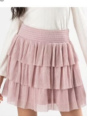 Pink Ruffle Tiered Mini Skirt Size M/L Stretch Waist Crinkle Lined Coquette NEW